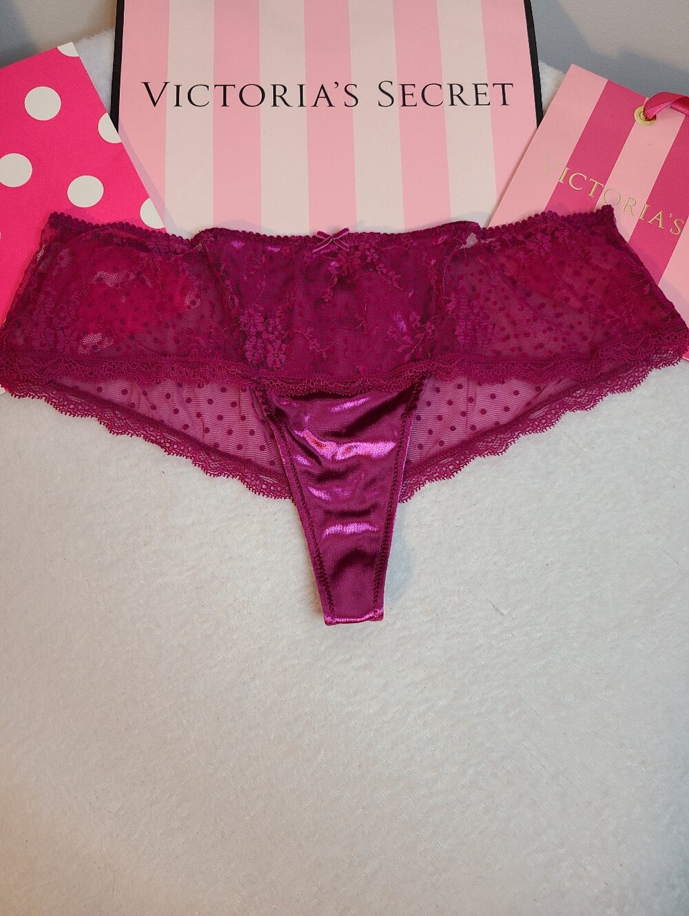 Retired VS Dream Angels Shiny Velvet Mesh Lace Wide Side Thong Panty Size M